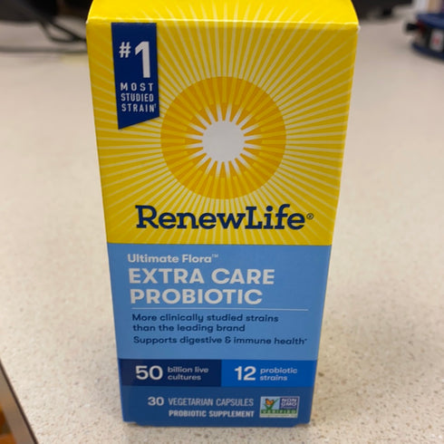 Renew Life Adult Probiotics 50 Billion CFU Guaranteed, 12 Strains, For Men & Women, Shelf Stable, Gluten Dairy & Soy Free, 30 Capsules, Ultimate Flora Extra Care- 60 Day Money Back Guarantee