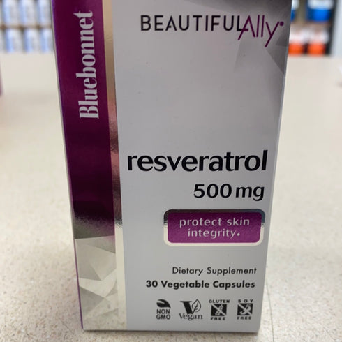 Bluebonnet Nutrition Beautiful Ally Resveratrol 500mg, Best for Skin, Antioxidant, Beauty Nutrient, Vegan, Vegetarian, Non GMO, Gluten Free, Soy Free, 30 Vegetable Capsules, 30 Servings