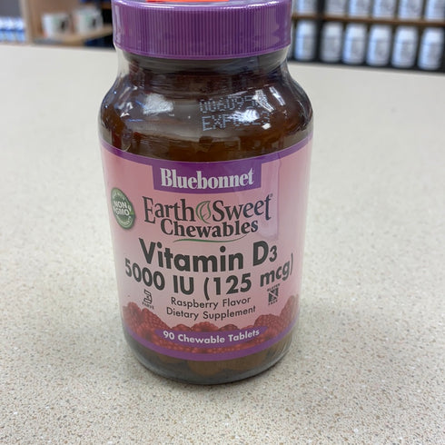 Bluebonnet Nutrition Earth Sweet Vitamin D3 5000 IU Chewable Tablets, Aids in Muscle & Skeletal Growth, Non GMO, Gluten & Soy & Milk Free, Kosher, Raspberry, White, 90 Count