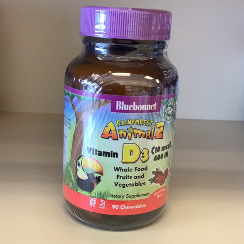 Bluebonnet Nutrition Rainforest Animalz Vitamin D3 400 IU Chewable Tablet, Soy-Free, Gluten-Free, Non-GMO, Kosher Certified, Dairy-Free, Vegetarian Friendly, 90 Tablets, 90 Servings Mixed Berry Flavor