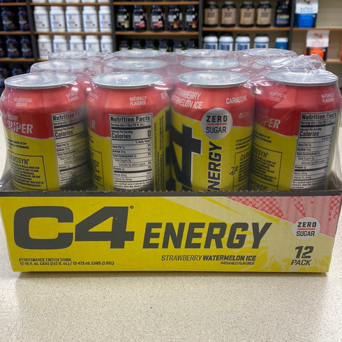 C4 Energy Drink 16oz (Pack of 12) - Strawberry Watermelon Ice - Sugar Free Pre Workout Performance Drink with No Artificial Colors or Dyes