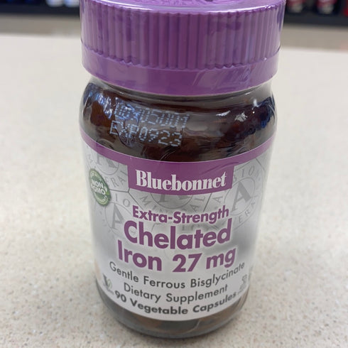 Bluebonnet Nutrition Albion Extra-Strength Chelated Iron 27 mg, For Healthy Red Blood Cell production*, Soy-Free, Gluten-Free, Non-GMO, Kosher, Dairy-Free, Vegan, 90 Vegetable Capsule, 90 Serving