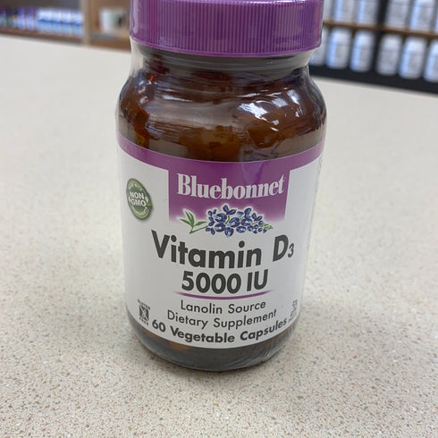 Bluebonnet Nutrition Vitamin D3 5000 IU Vegetable Capsule, Aids in Muscle & Skeletal Growth, Cholecalciferol from Lanolin, D3, Non GMO, Gluten Free, Soy Free, Milk Free, Kosher, 60 Count