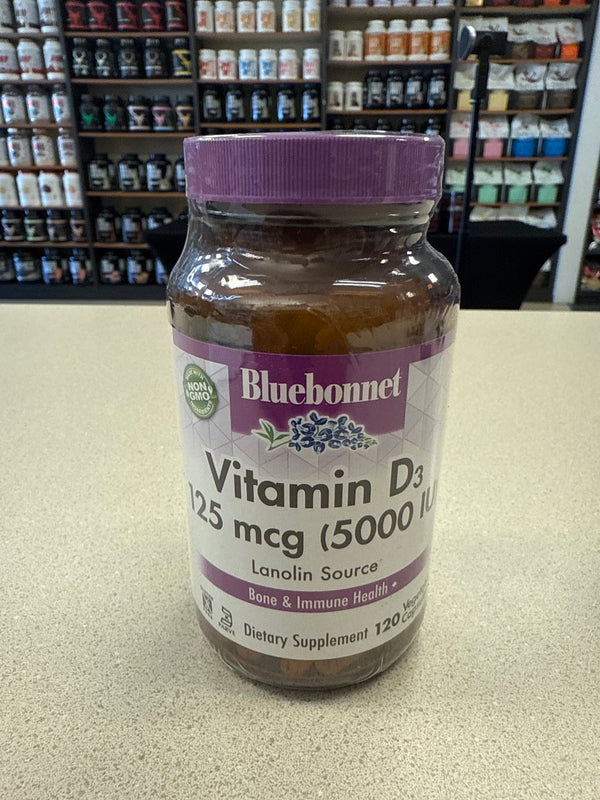 Bluebonnet Vitamin D 5000ius 120 Vegetable Capsules Lanolin Source
