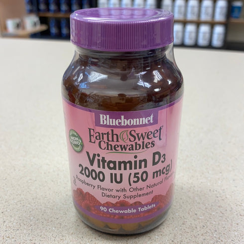 Bluebonnet Nutrition Earth Sweet Vitamin D3 2000 IU Chewable Tablets, Aids in Muscle and Skeletal Growth, D3, Non GMO, Gluten, Free, Soy Free, Milk Free, Kosher, 90 Chewable Tablets, Raspberry Flavor