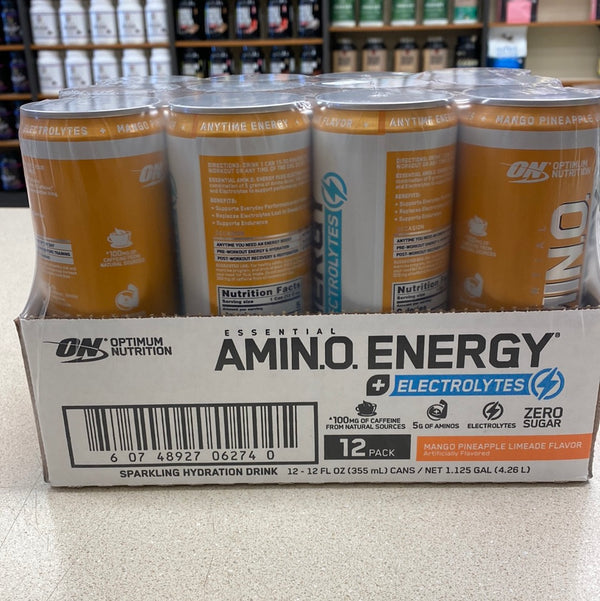 Optimum Nutrition Amino Energy Drink + Electrolytes for Hydration - Sugar Free, Amino Acids, BCAA, Keto Friendly, Sparkling Drink - Mango Pineapple Limeade, Pack of 12