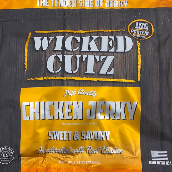 Wicked Cuts Chicken Jerky Sweet & Savory 2.75oz 3 Servings 10 grams of protein per serving