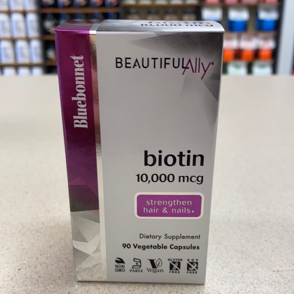 Bluebonnet Nutrition Beautiful Ally Biotin 10,000 mcg, Crystalline Form, Beauty Nutrient, Vegan, Non GMO, Gluten Free, Soy Free, Milk Free, Kosher, 90 Vegetable Capsules