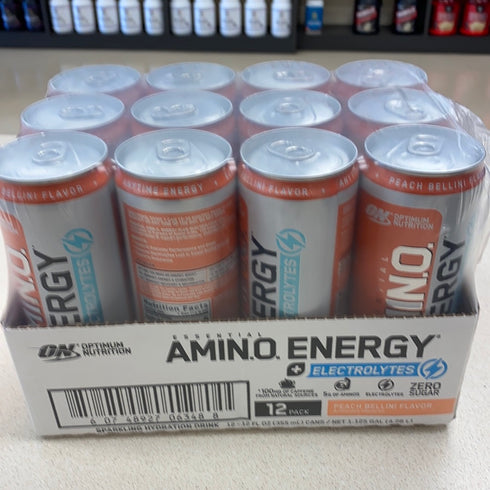 Optimum Nutrition Amino Energy + Electrolytes Sparkling Hydration Drink - Pre Workout, BCAA, Keto Friendly, Energy Drink - Peach Bellini, 12 Count
