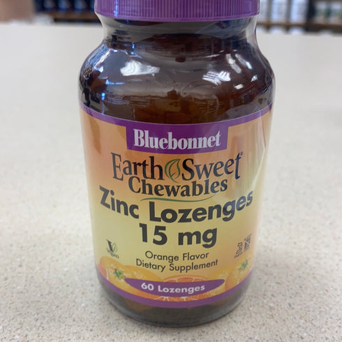 Bluebonnet Nutrition Earthsweet Zinc Lozenges 15mg Chewables, Plus 100mg of Vitamin C, Soy-Free, Gluten-Free, Kosher Certified, Dairy-Free, Vegan, Orange Flavored, 60 Lozenges