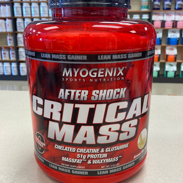 Myogenix AfterShock Critical Mass, Unlimited Muscle Growth | Tasty Zero Lactose Weight Gaining Supplement | Anabolic Whey Protein | Mass Building Waxymaise Carbs | Optimal Ratio of Protein to Carbs | Banana Milkshake - 5.62 LBS