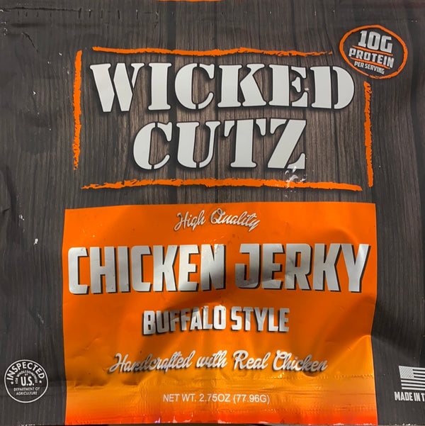 Wicked Cutz Chicken Jerky Buffalo Style 2.75oz 3 Serving per Bag 10 grams of protein per serving